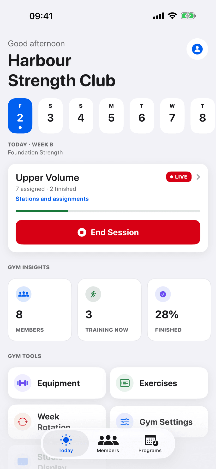 The coach's Today tab for the demo gym, Harbour Strength Club: the live Upper Volume session with 7 assigned and 2 finished and an End Session button, gym insights of 8 members, 3 training now and 28% finished, and shortcuts to Equipment, Exercises, Week Rotation and Gym Settings