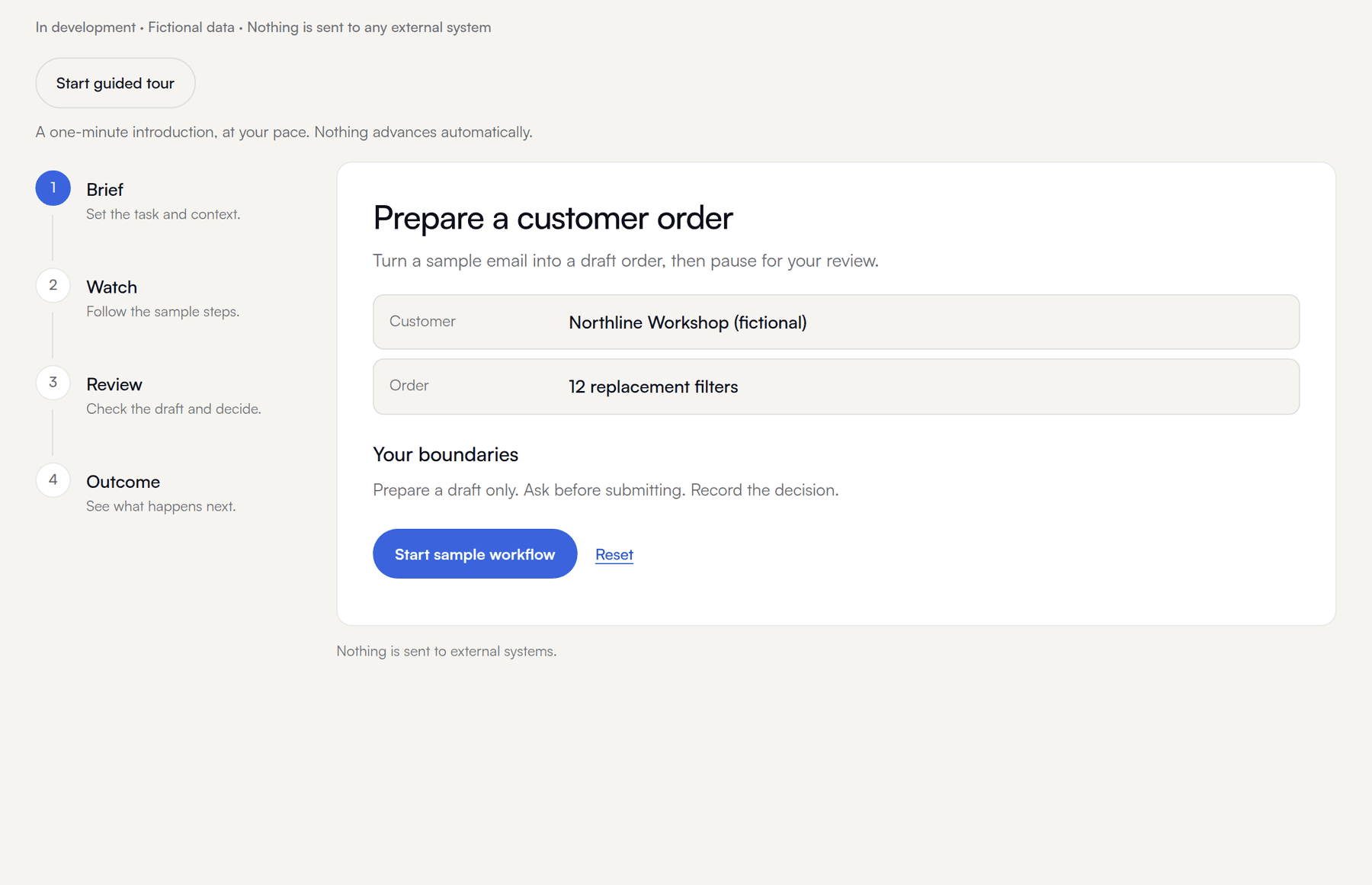 The Millwright walkthrough: a customer order brief with the boundaries set to draft only and ask before submitting